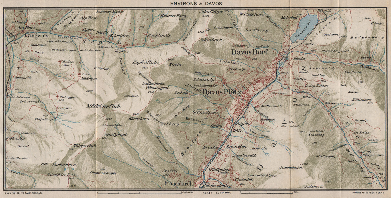 DAVOS & ENVIRONS. Davos Dorf Davos Platz. Vintage map plan. Switzerland 1930